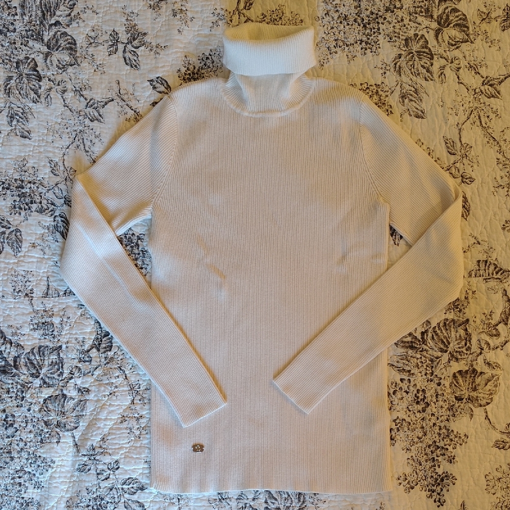 Lauren By Ralph Lauren White Ribbed Turtleneck Sweater